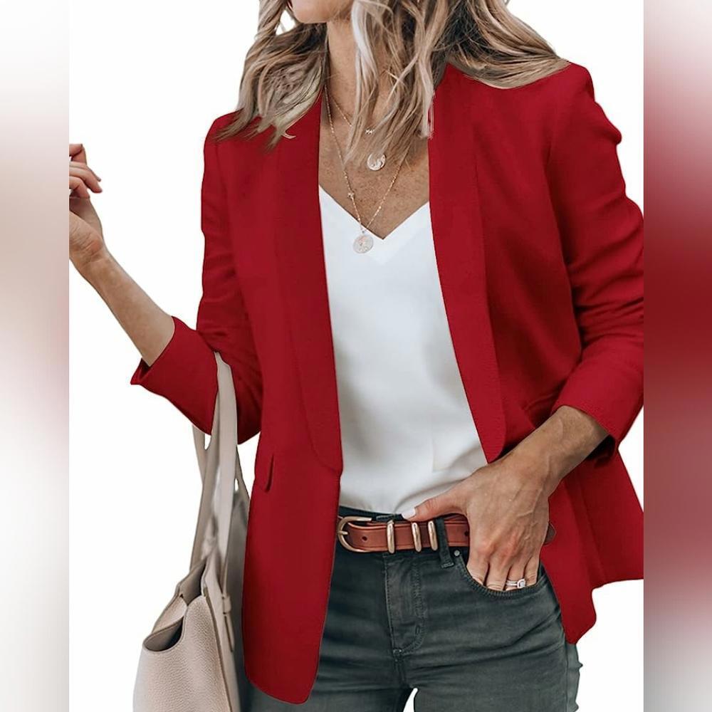 Casual Blazer Jackets - Open Front Long Sleeve Lapel Collar Work Office Jackets - Picture 2 of 6